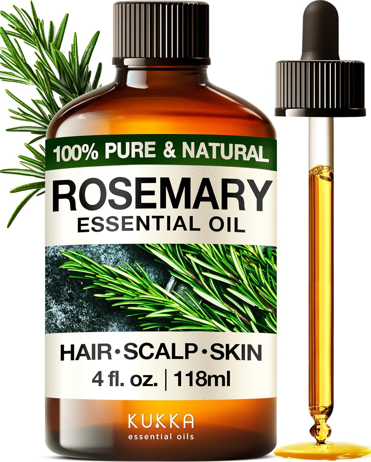 Kukka Rosemary Oil for Hair - 100% Natural Rosemary Hair Oil - Rosemary Essential Oils for Skin, Diffuser & Aromatherapy - Soap Making & DIY (4 Fl Oz).